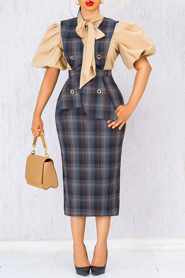 Vintage Bow Front Top & Plaid Dress Set