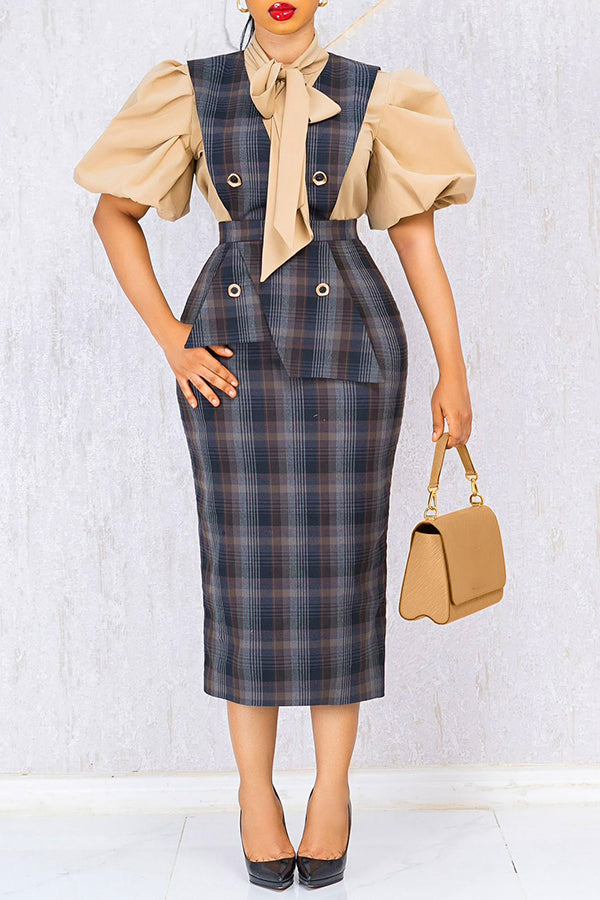 Vintage Bow Front Top & Plaid Dress Set