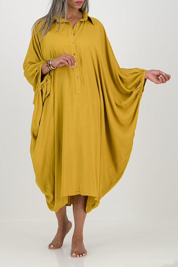 Vintage Batwing Sleeve Solid Midi Dress