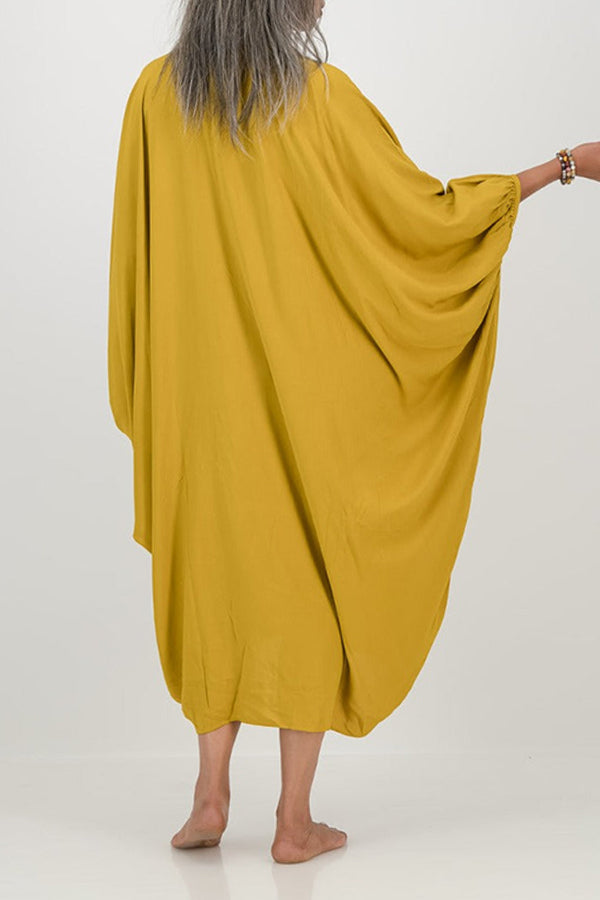 Vintage Batwing Sleeve Solid Midi Dress