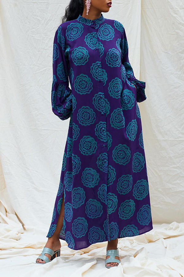 Cozy Mandala Print Lantern Sleeve Maxi Dress