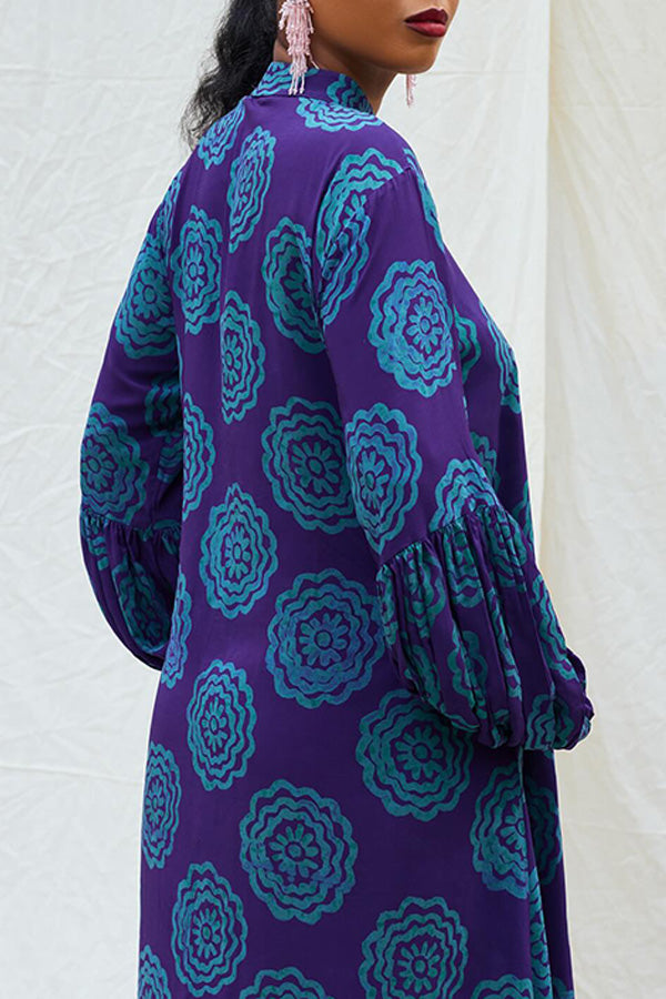 Cozy Mandala Print Lantern Sleeve Maxi Dress