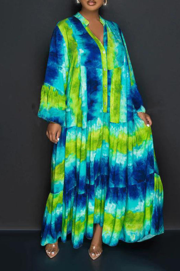 Stylish Allover Print Ruffle Hem Maxi Dress