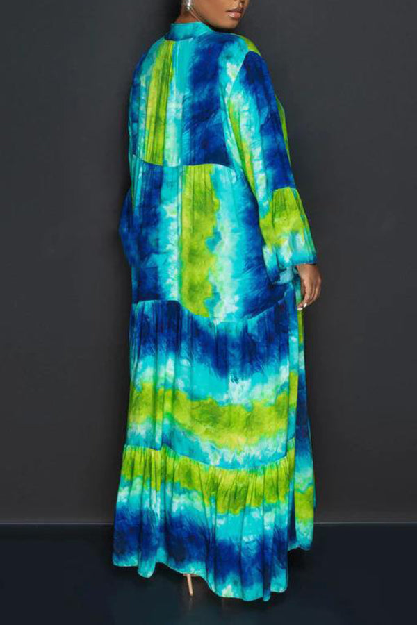 Stylish Allover Print Ruffle Hem Maxi Dress