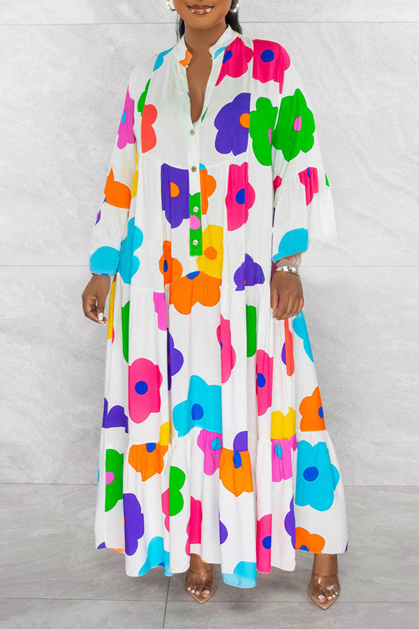 Stylish Allover Print Ruffle Hem Maxi Dress