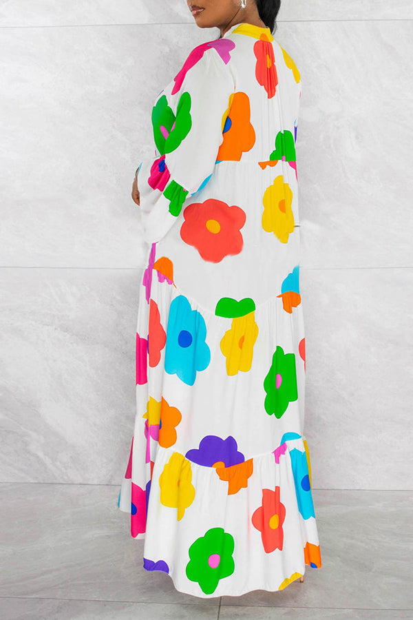 Stylish Allover Print Ruffle Hem Maxi Dress