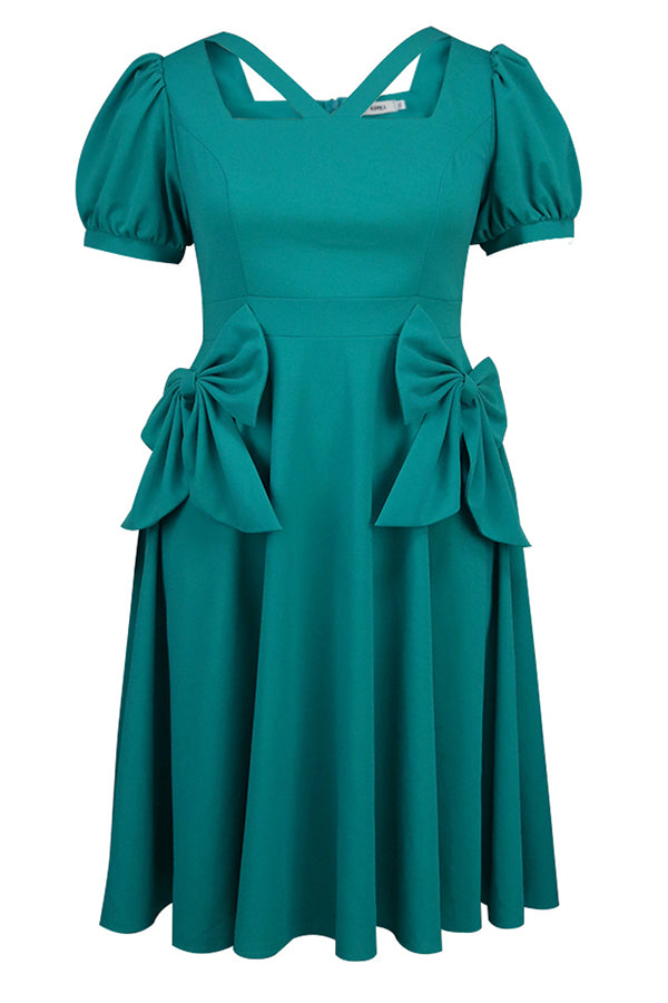 Striking Puff Sleeve Cutouts Bow Decor Dress