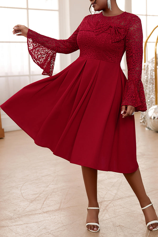 Stunning Lace Panel Trumpet Sleeve A-line Dress