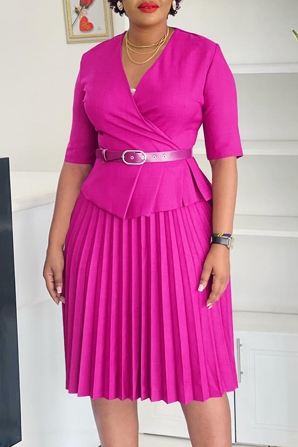 Stylish Half Sleeve Pleated Belted Dress