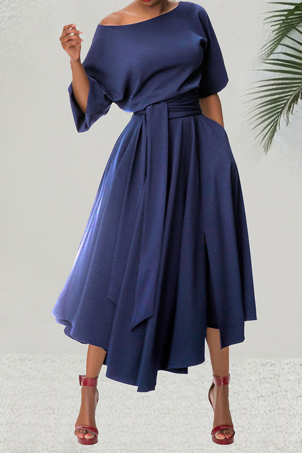 Stylish Half Sleeve Belted Irregular Hem Dress