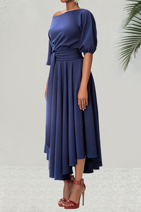 Stylish Half Sleeve Belted Irregular Hem Dress