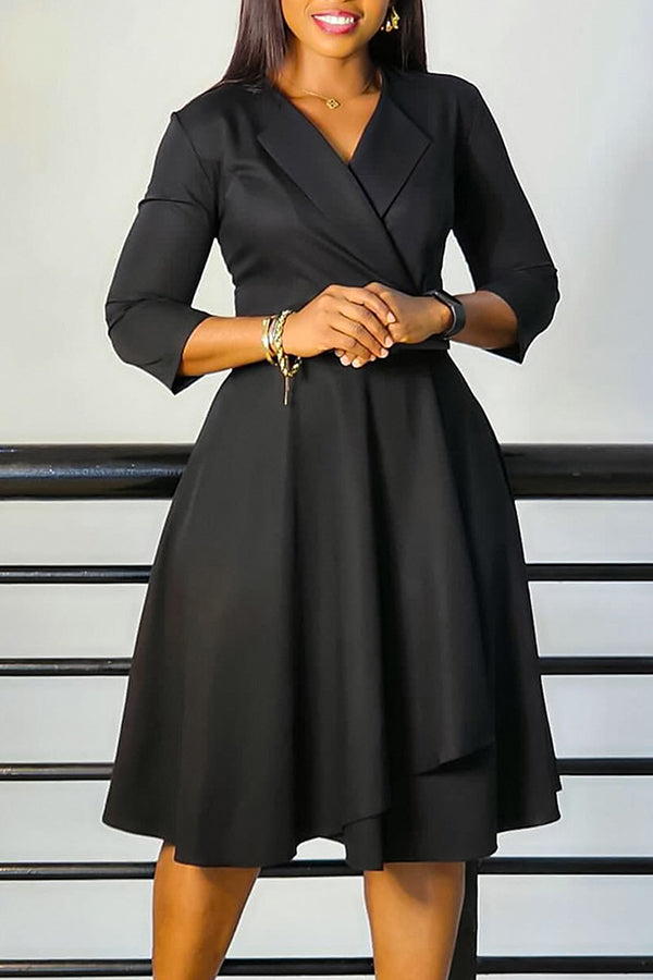 Elegant Lapel 3/4 Sleeve Belted Dress