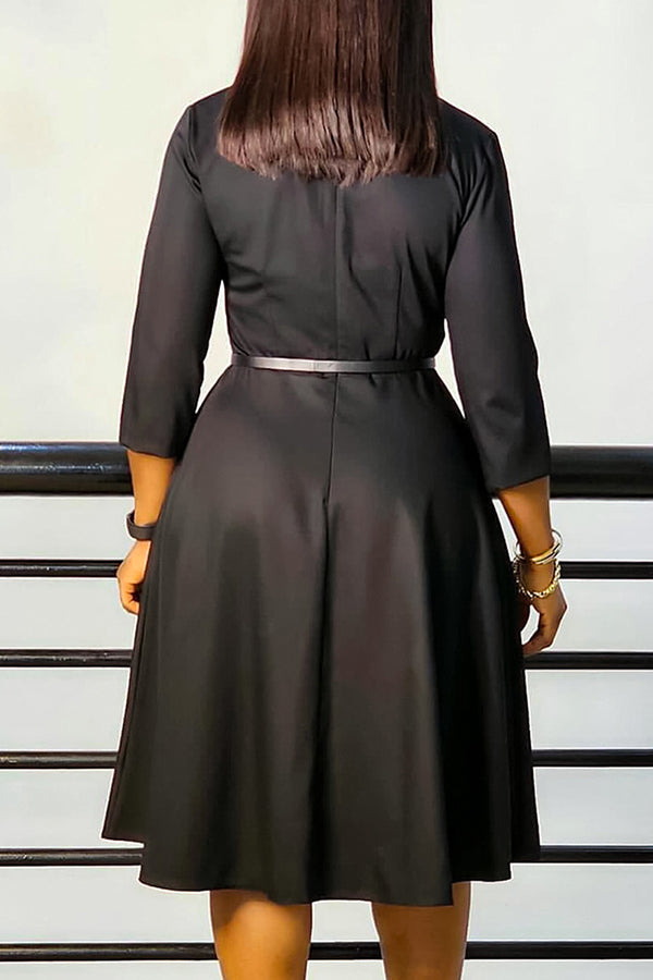 Elegant Lapel 3/4 Sleeve Belted Dress