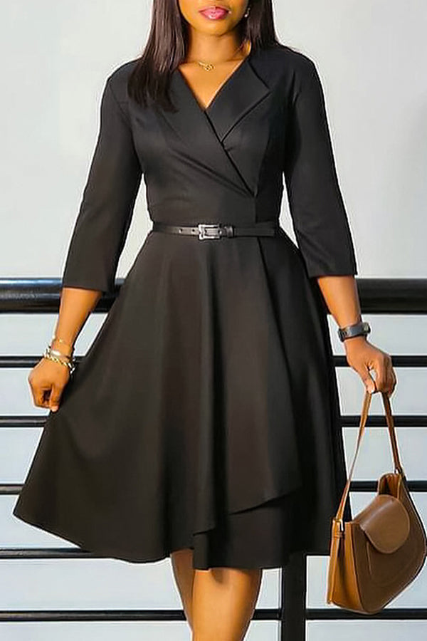 Elegant Lapel 3/4 Sleeve Belted Dress