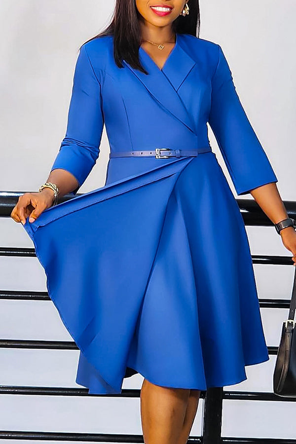 Elegant Lapel 3/4 Sleeve Belted Dress