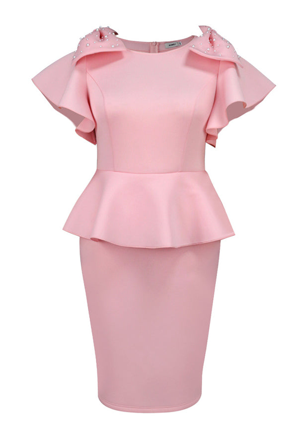 Charming Pearl Bows Detail Peplum Dress