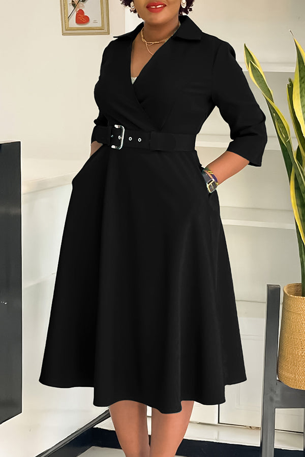 Surplice Neck 3/4 Sleeve Belted Dress