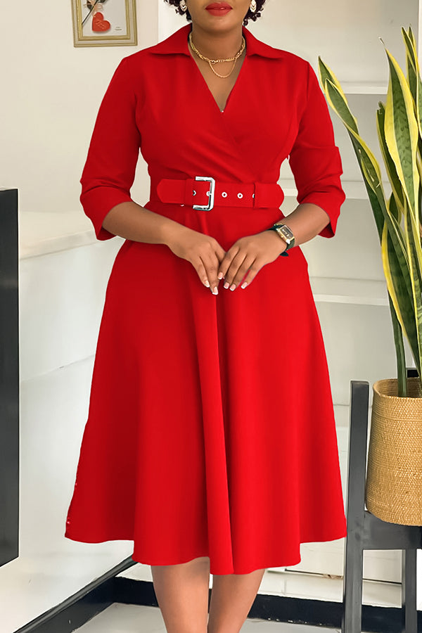 Surplice Neck 3/4 Sleeve Belted Dress