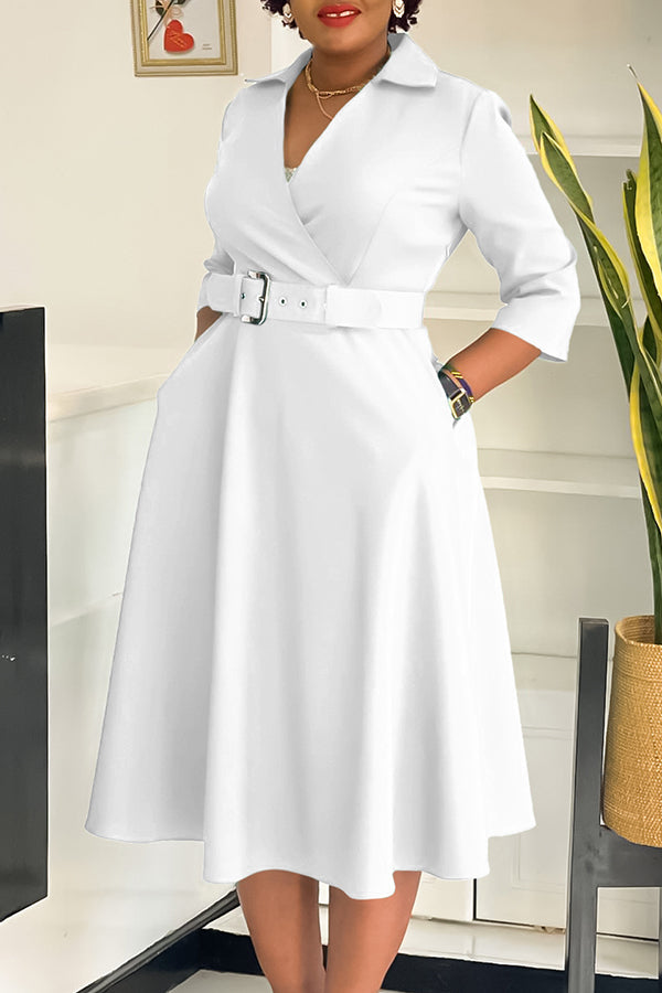 Surplice Neck 3/4 Sleeve Belted Dress