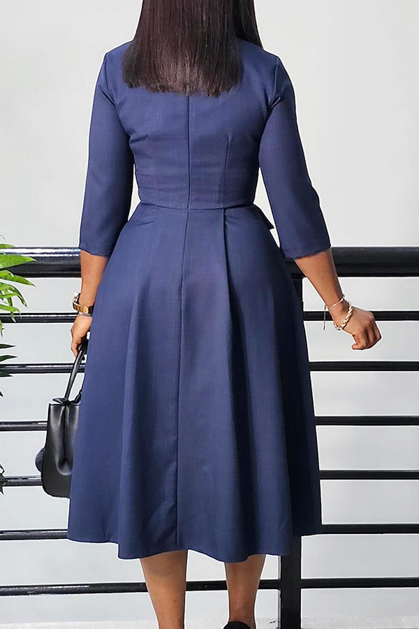 Elegant V Cut 3/4 Sleeve Pleated Midi Dress