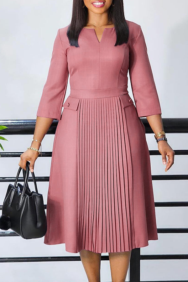 Elegant V Cut 3/4 Sleeve Pleated Midi Dress