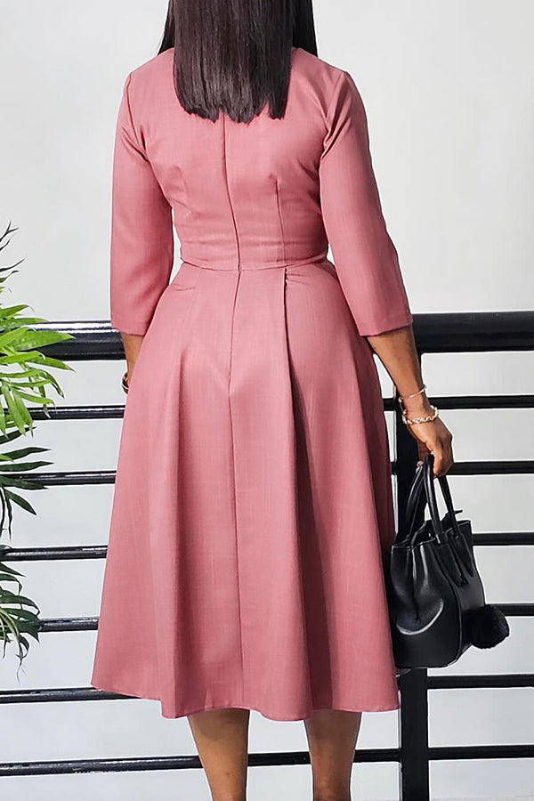 Elegant V Cut 3/4 Sleeve Pleated Midi Dress