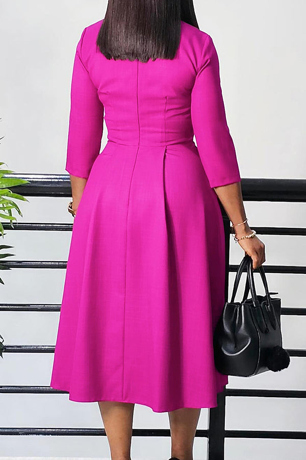 Elegant V Cut 3/4 Sleeve Pleated Midi Dress