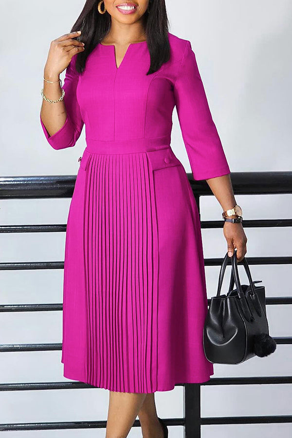 Elegant V Cut 3/4 Sleeve Pleated Midi Dress