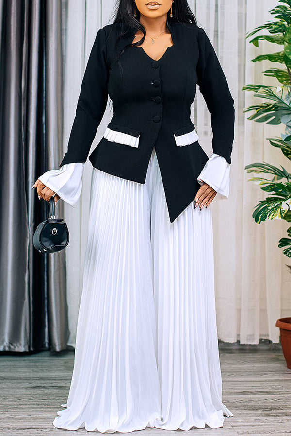 Trumpet Sleeve Top & Pleated Wide Leg Pants Set