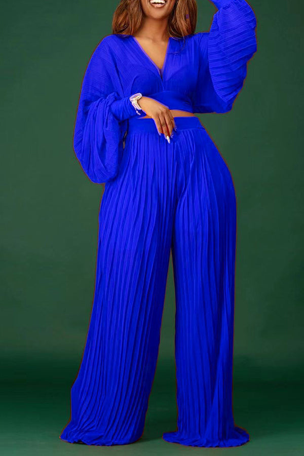 V-Neck Lantern Sleeve Pant Suit