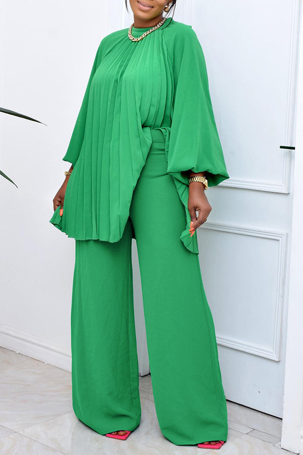 Casual Pleated Lantern Sleeve Top & Pants Set