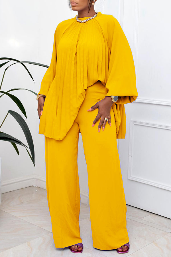 Casual Pleated Lantern Sleeve Top & Pants Set