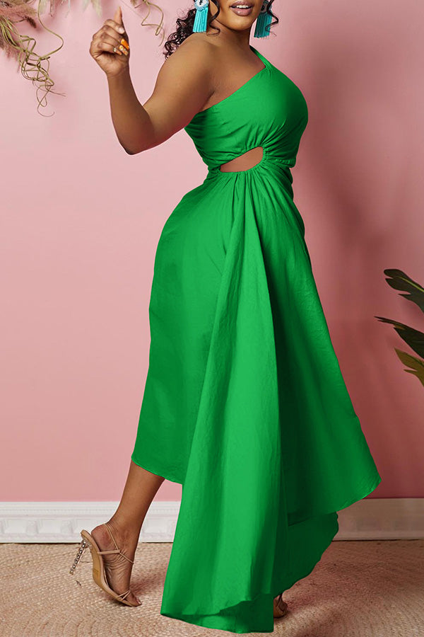 One Shoulder Cutout Waist Asymmetrical Hem Dress