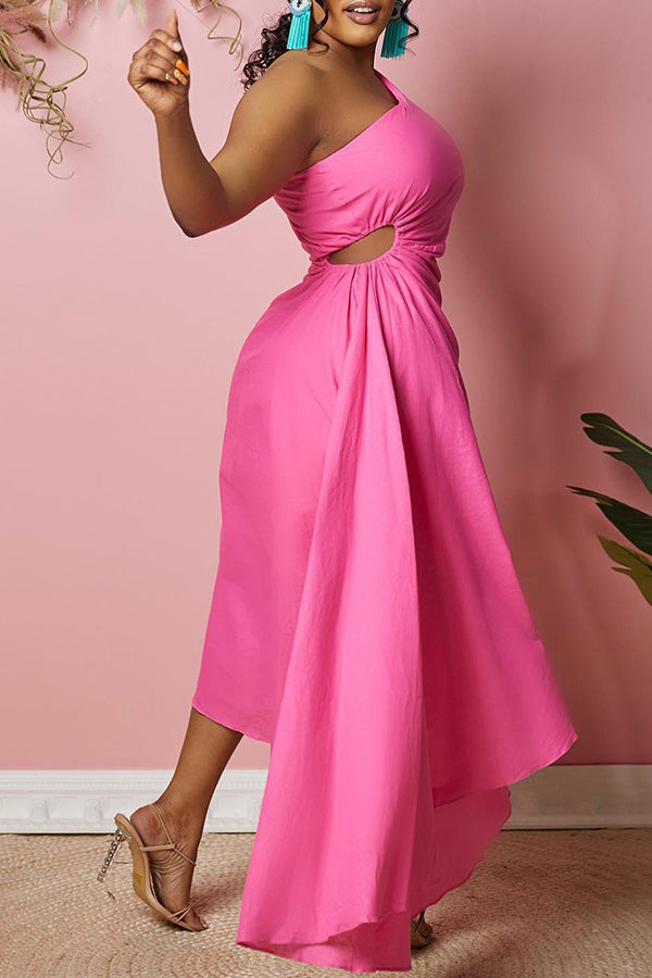 One Shoulder Cutout Waist Asymmetrical Hem Dress