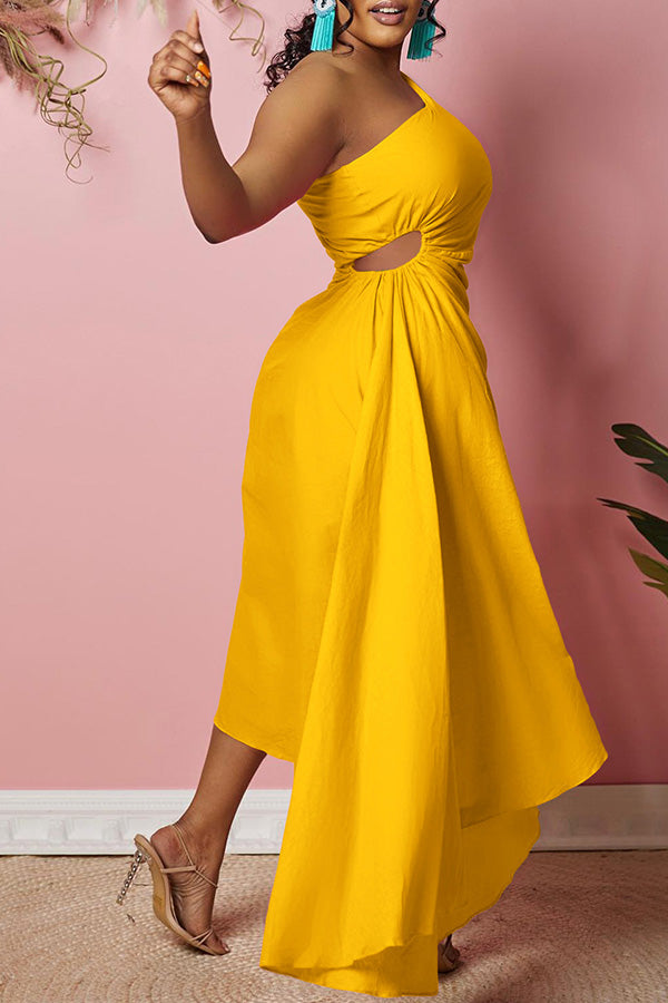 One Shoulder Cutout Waist Asymmetrical Hem Dress