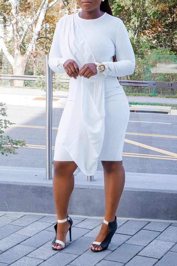 Elegant Long Sleeve Side Draped Midi Dress