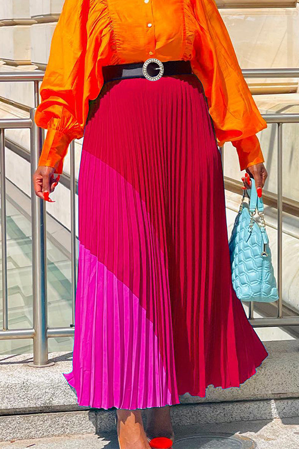 Color Block Pleated Maxi Dress With Belt