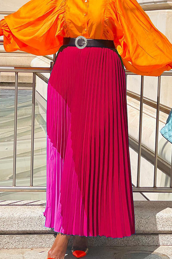 Color Block Pleated Maxi Dress With Belt