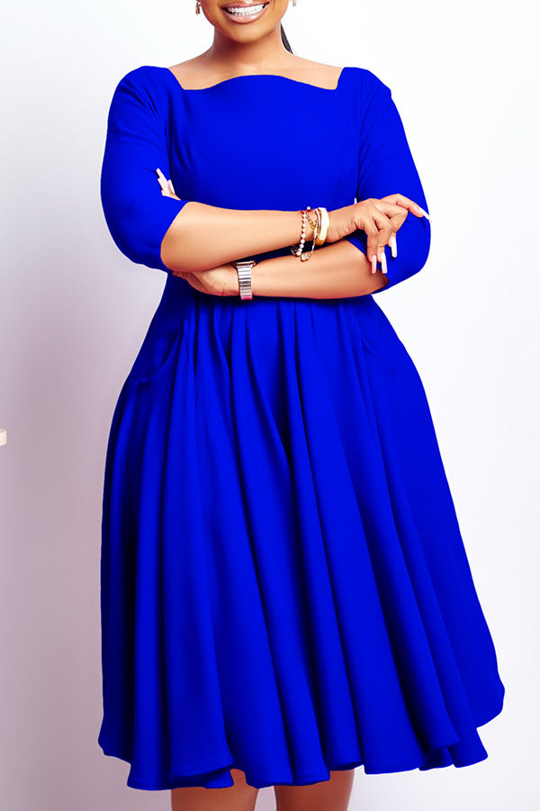 Elegant Solid Square Neck Midi Dress