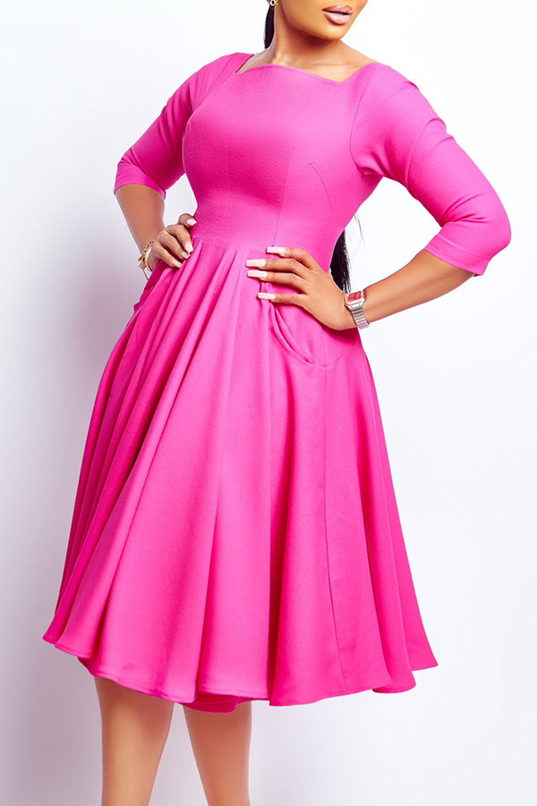 Elegant Solid Square Neck Midi Dress